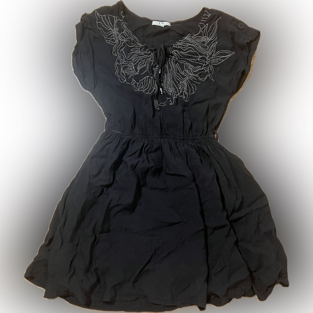 Black Embroidered Cotton Dress with Ribbon Tie Neck Ya Los Angeles
